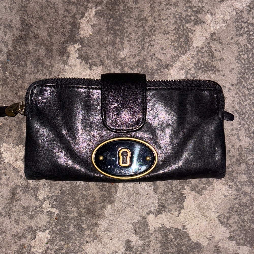 Fossil Black Leather Wallet with Gold Accent
